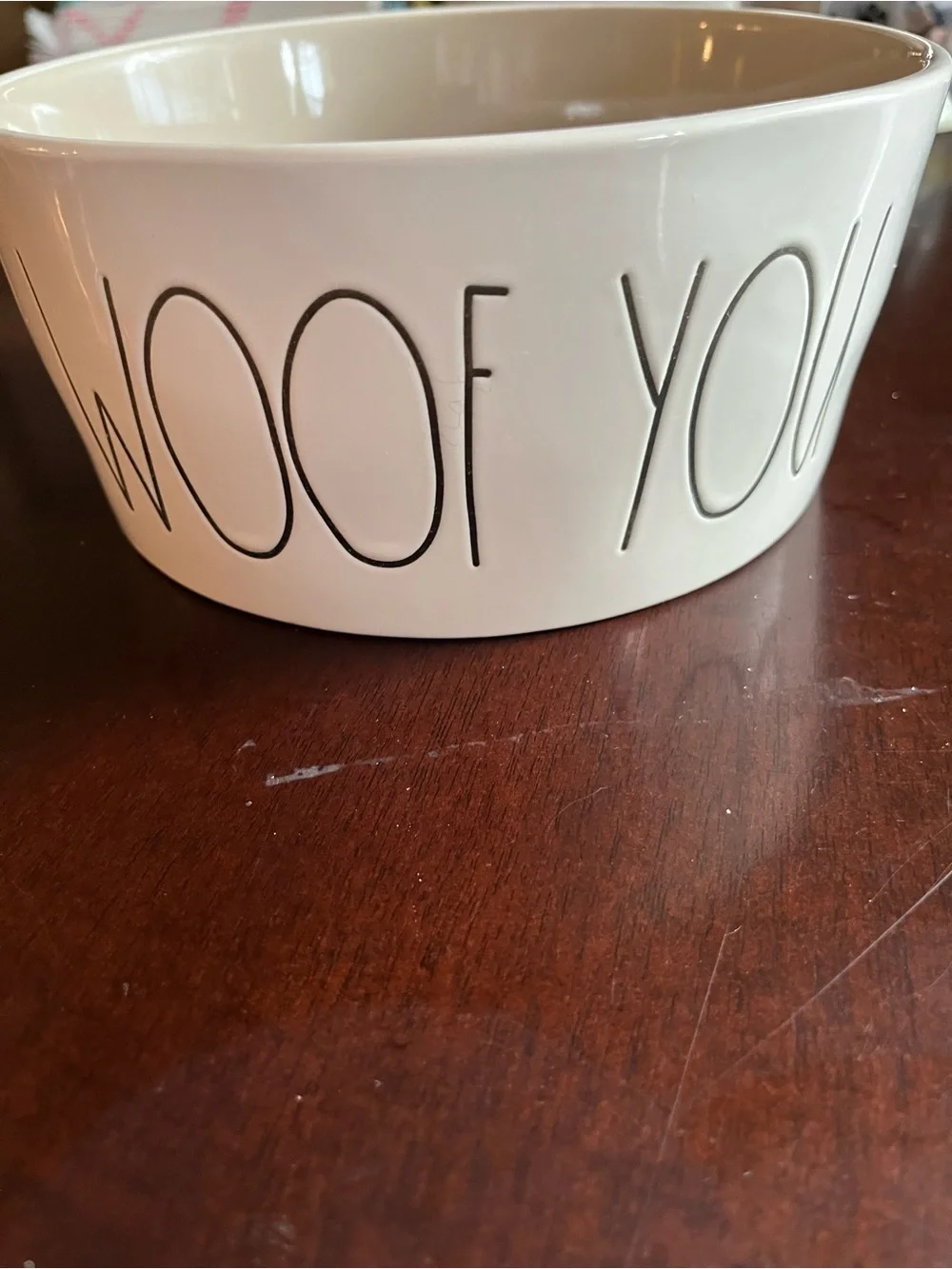 Rae Dunn White Ceramic Pet Bowl  I Woof You” black letters